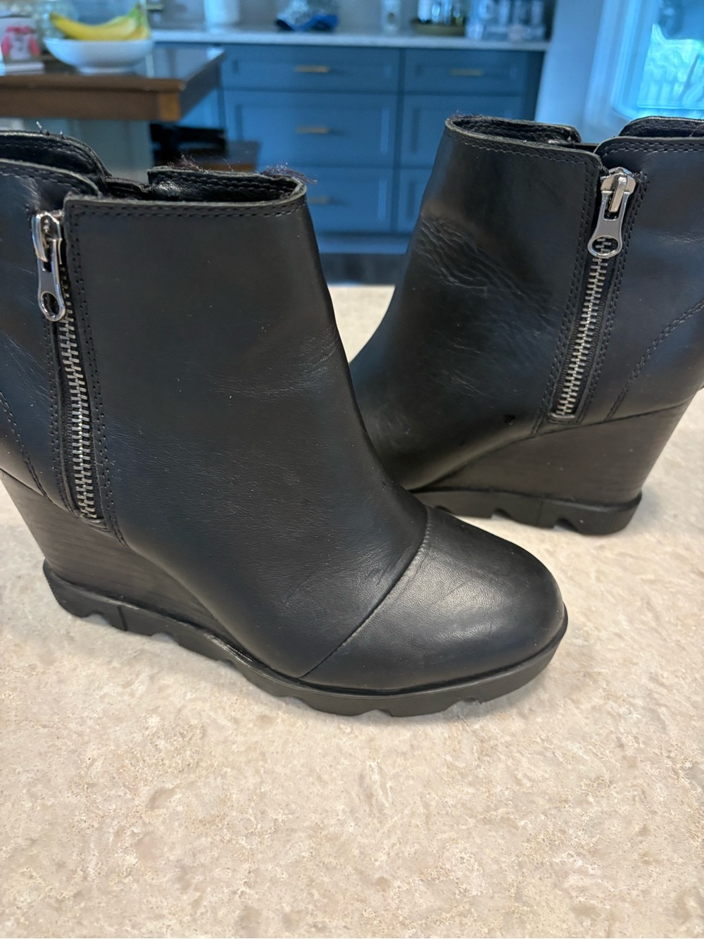 Sorel Black Leather Wedge Ankle Boots with Side Zipper